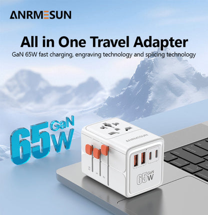 65W Universal Travel Adapter with 4 USB Ports - 2 USB-C & 2 USB-A Fast Charging, US EU UK AU Plugs
