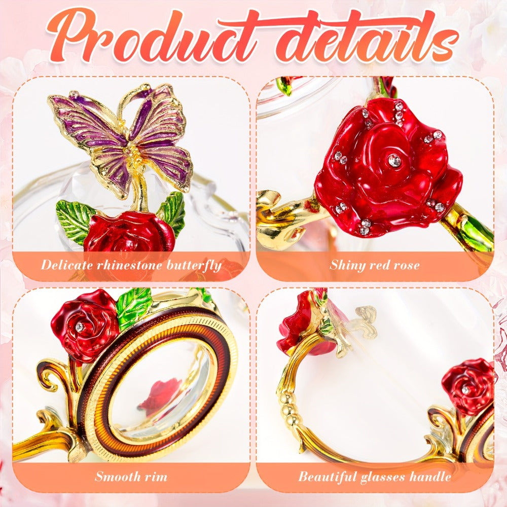 Flower Glass Tea Cups with Lids and Spoon 4 Sets Butterfly Vintage Floral Clear Glass Coffee Mugs 12oz Gift for Women Mom Wife Girlfriend