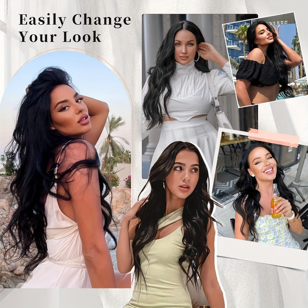 Invisible Wire Hair Extensions 22 Inch for Women – Transparent Fish Line 4 Clips Long Wavy Hairpiece for Thin Fine Hair