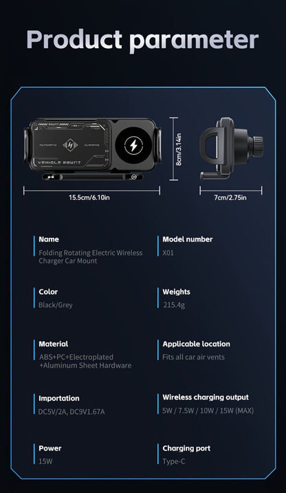 Car Wireless Charger Mount for Samsung Galaxy Z Fold 15W Auto-Clamping Fast Charging Holder, 360° Rotating Ball Joint
