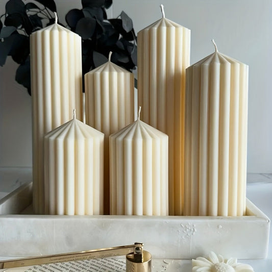 White Ribbed Soy Wax Pillar Candle Pair with Two Matched Sizes or One-of-Each Mixed-Size Option