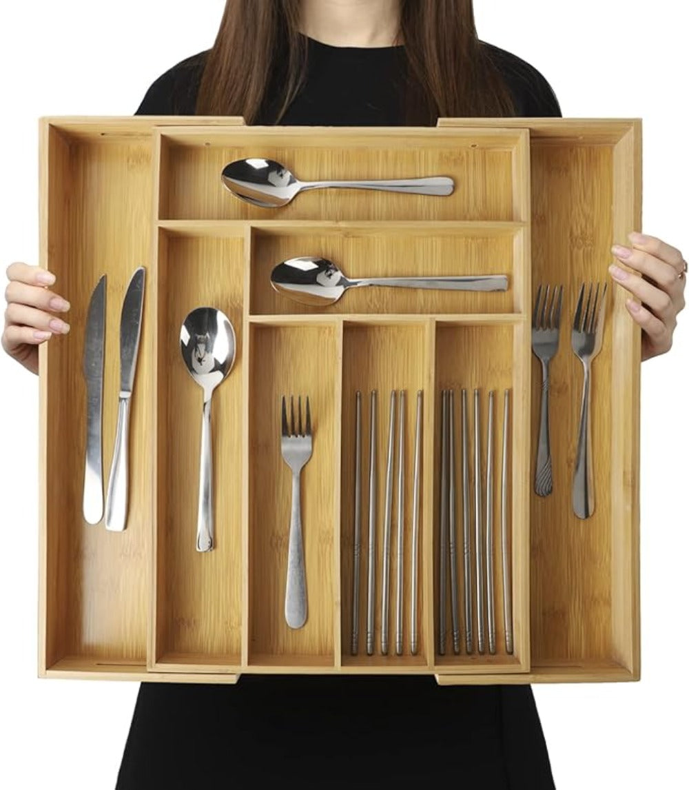 Bamboo Drawer Organizer Expandable Adjustable 9-Compartment Silverware Tray Cutlery Utensil Holder for Kitchen Drawer Office Desk Bedroom