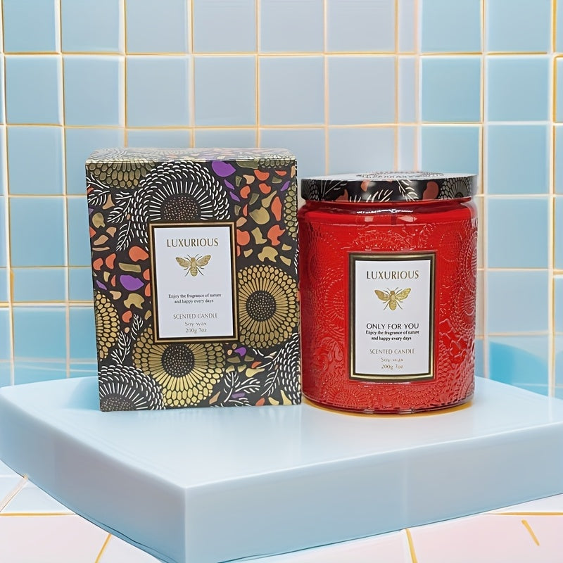 Single-Wick Relief Glass Jar Candle with Seven Scent Labels, Crystal-Style Detail and Boxed Presentation