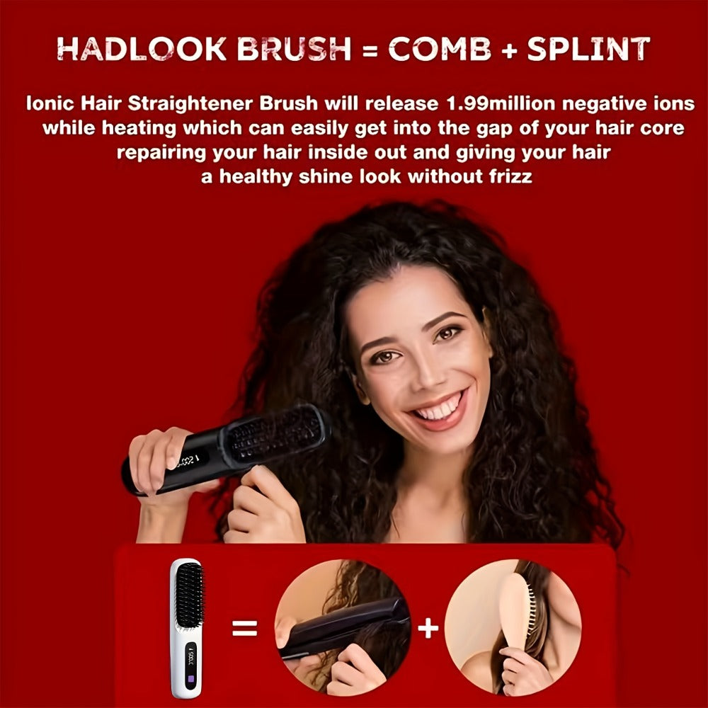 Compact Rechargeable Straightening Brush in Black or White with Display, Comb and USB Cable