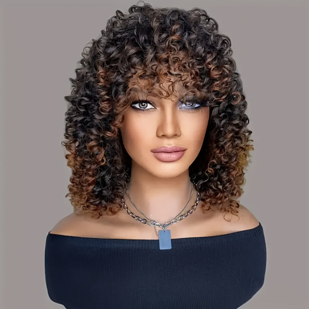 Synthetic Wig 14-Inch Deep-Wave Curly Bob with Bangs, Glueless Elastic-Band Cap for Daily Styling