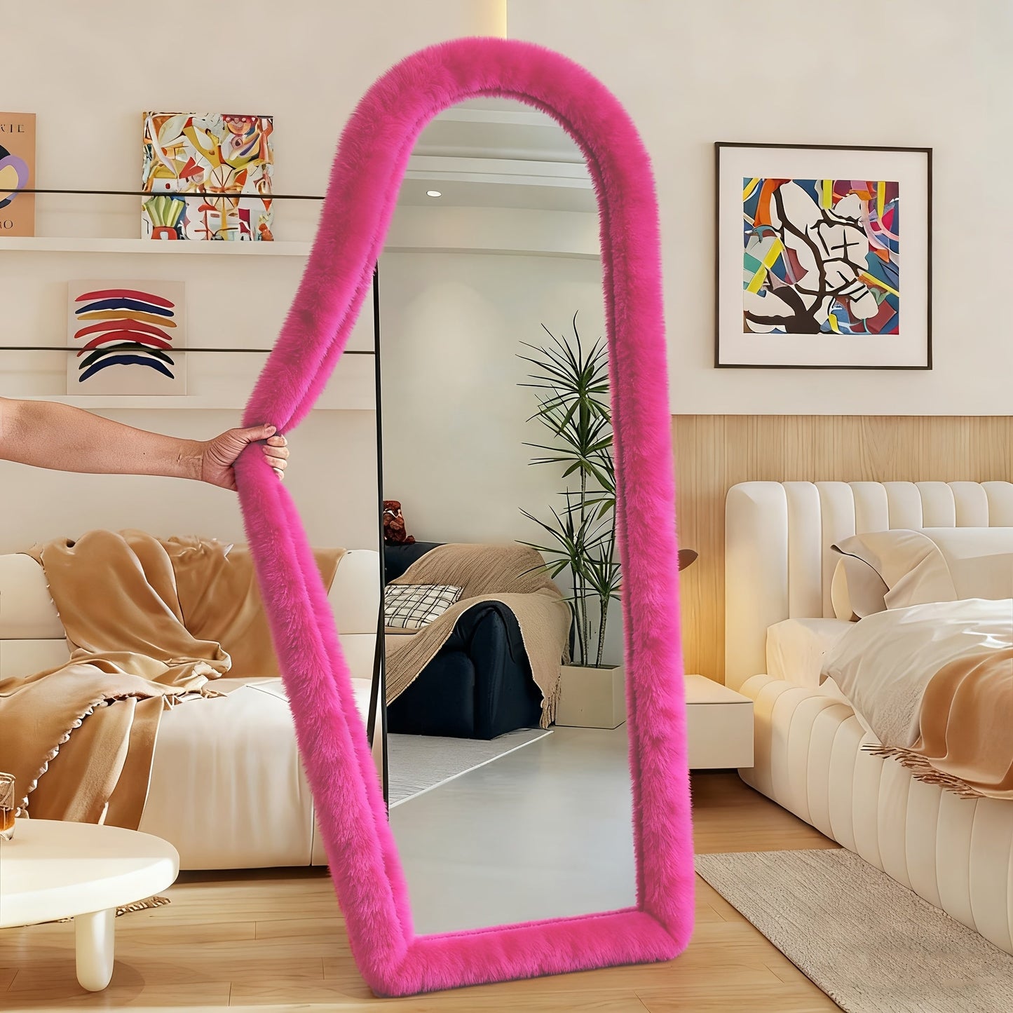 Full Length Floor Mirror Cover Fluffy Stretchable 64"x21" – Soft Non-Slip Irregular Shape Bedroom Dressing Room Mirror Sleeve 6 Colors