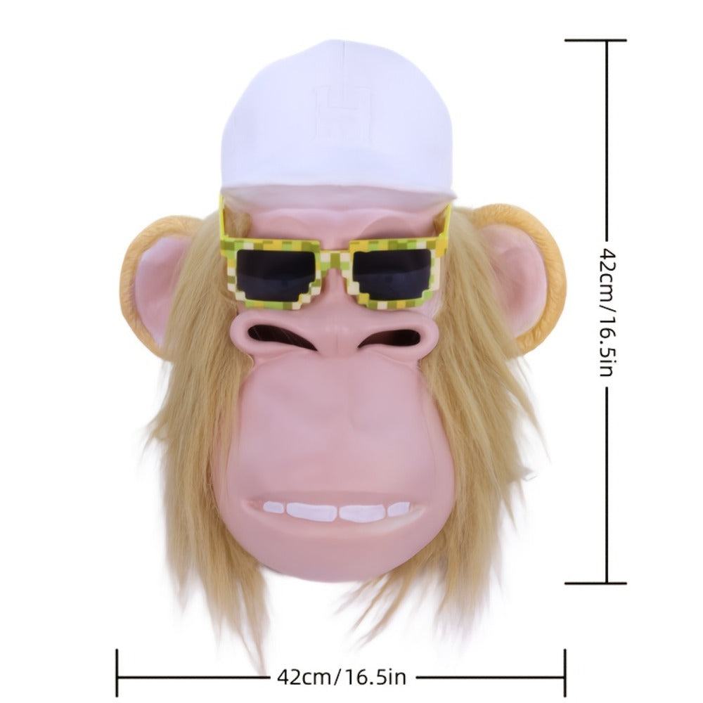 White-Haired Cartoon Ape Full-Head Costume Mask with White Cap and Pixel-Style Glasses in Two Face Styles