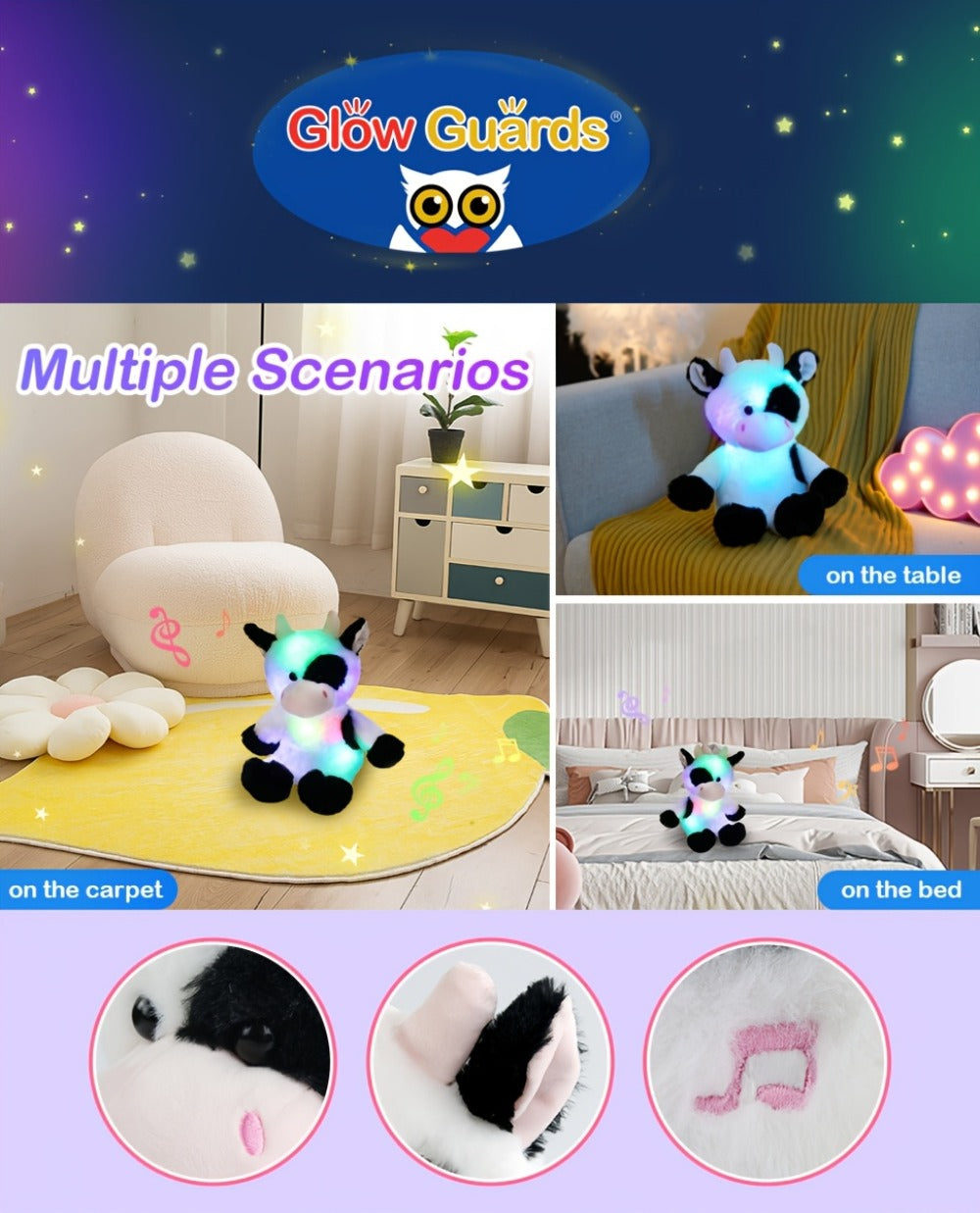 Plush Toy Highland Cow with Glowing Body and Optional Music in Two Interactive Styles for Display