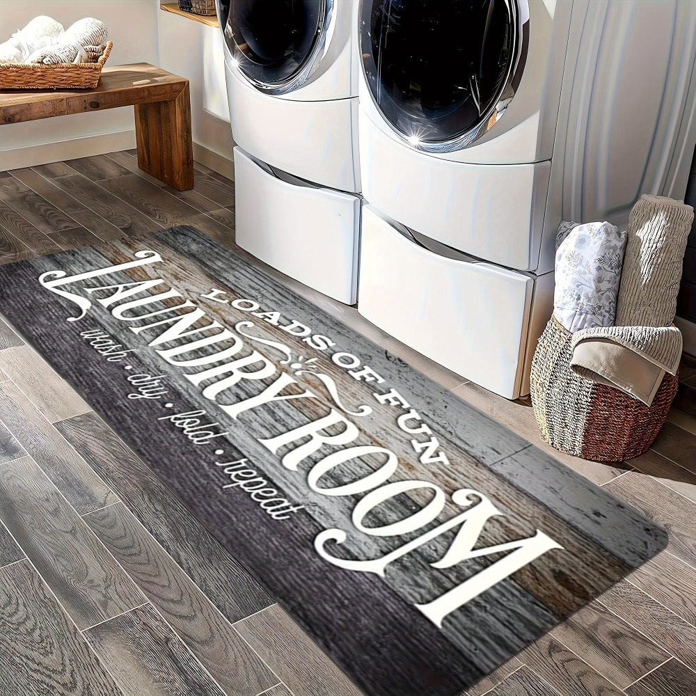 Non-Slip Laundry Room Mat Wood Grain Design – Heavy Duty Washable Rubber Backing Carpet | Rustic Dark Brown & Gray Kitchen Bathroom Rug |