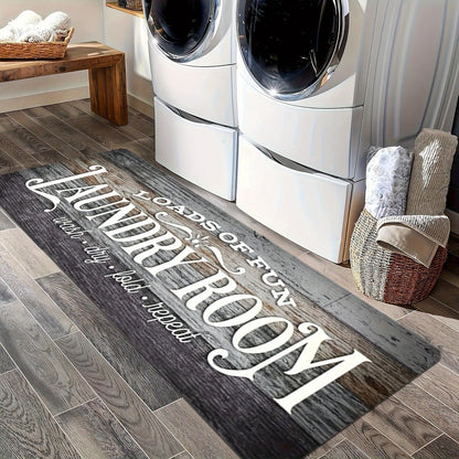 Non-Slip Laundry Room Mat Wood Grain Design – Heavy Duty Washable Rubber Backing Carpet | Rustic Dark Brown & Gray Kitchen Bathroom Rug |