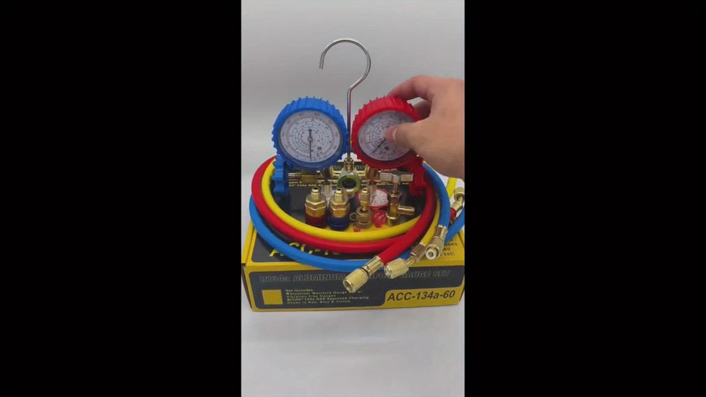 AC Manifold Gauge Set 3-Way with Color-Coded Hoses & Adapters for R134A R22 R12 R404A – HVAC Diagnostics A/C Recharge Leak Detection 0-500