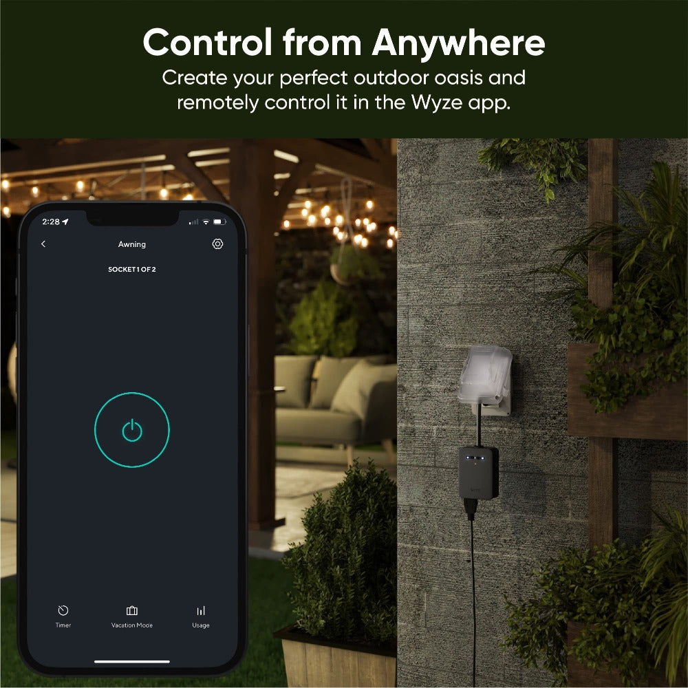 Wyze Outdoor Smart Plug Dual Independent Outlets, WiFi, Energy Monitoring, Built-in Light Sensor