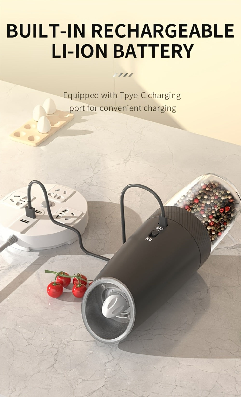 Gravity-Activated Electric Spice Grinder with LED Ring, Adjustable Grind and USB-C or Two-Piece Options