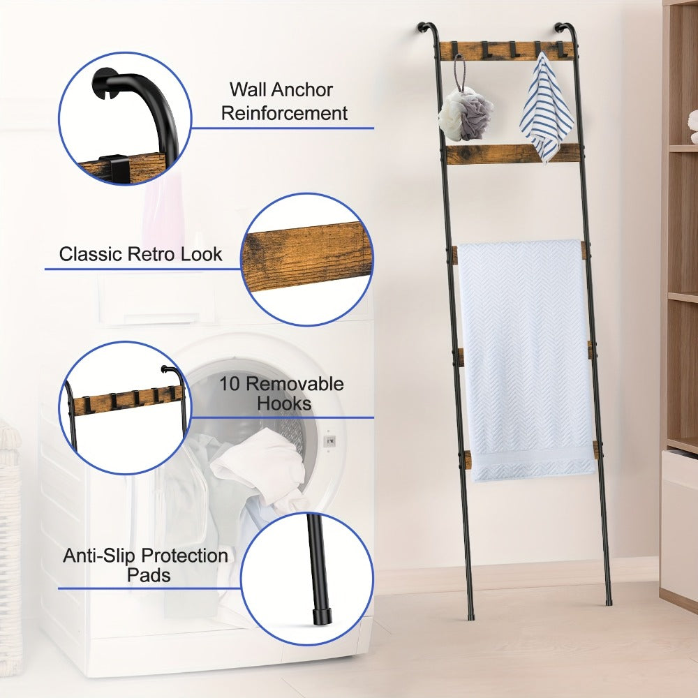 Blanket Ladder Storage Organizer 5-Tier Metal Rack with 10 Detachable Hooks in Brown or Black