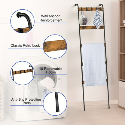 Blanket Ladder Storage Organizer 5-Tier Metal Rack with 10 Detachable Hooks in Brown or Black