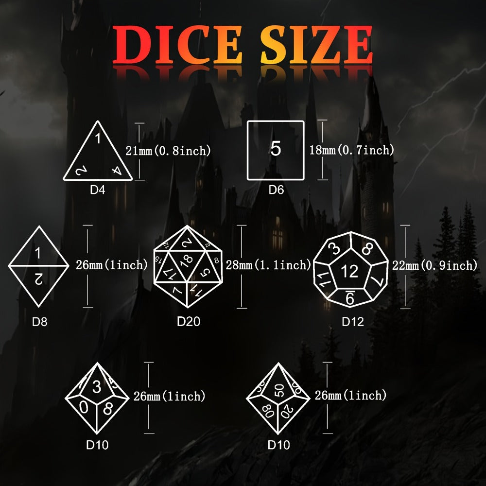 Metal Skull Dice Set 7pcs Glow in the Dark, Hollow UV Fluorescent Polyhedral DnD RPG Dice for Dungeon Masters