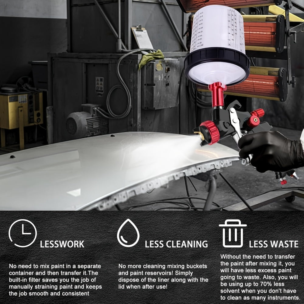 Disposable Paint Spray Gun Cup Liner & Lid System 50-Pack – Includes 50 Cup Liners, 50 Lids, Hard Cup with Retainer Ring