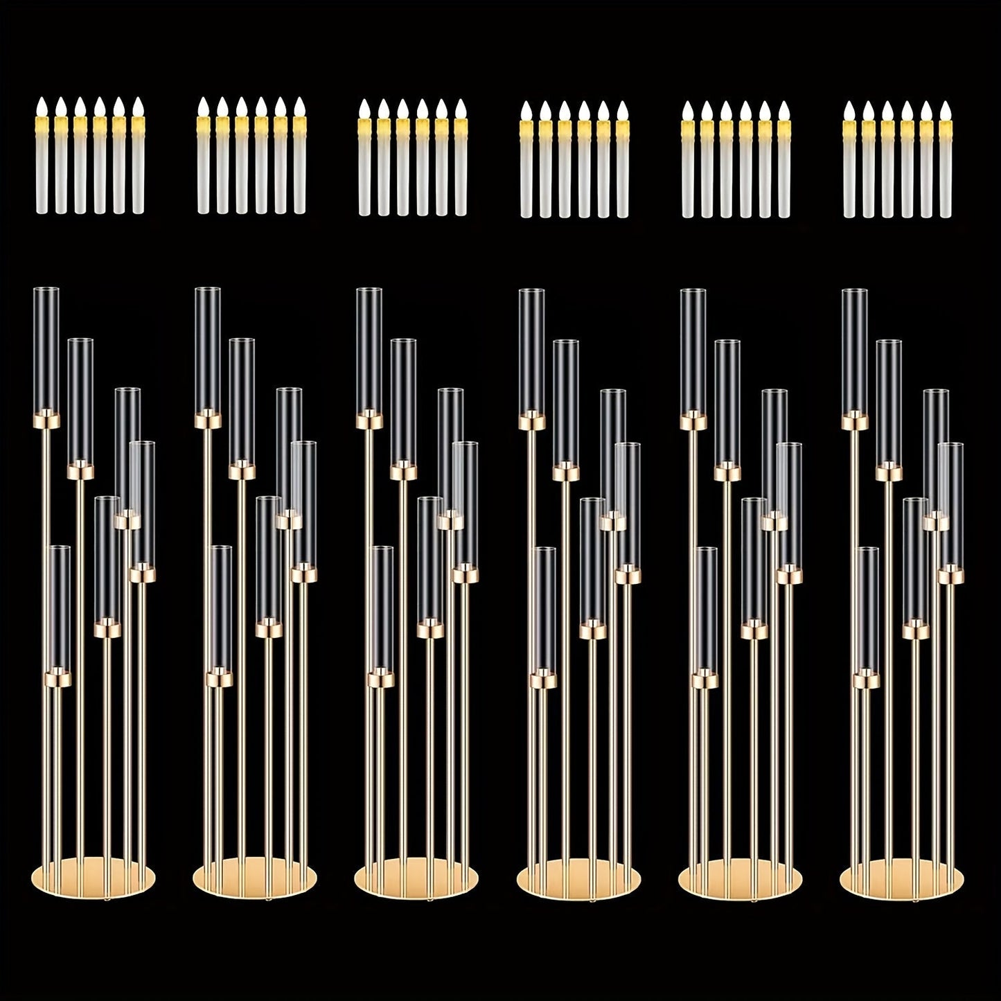 Floor Candelabra 6-Arm 46 Inch Gold Metal Candlestick Set with 12pcs LED Candles & Acrylic Shades