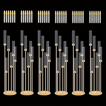 Floor Candelabra 6-Arm 46 Inch Gold Metal Candlestick Set with 12pcs LED Candles & Acrylic Shades