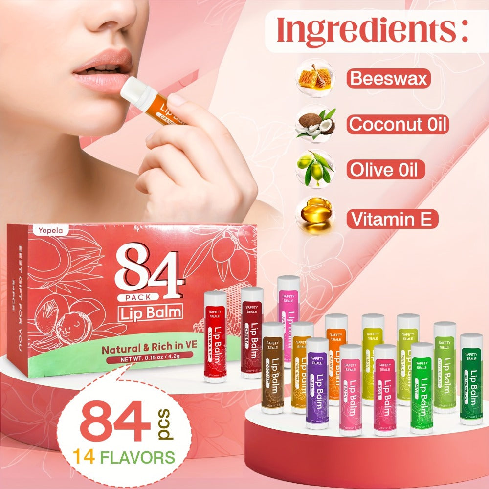 Bulk Lip Balm Set 84 Pcs 14 Assorted Flavors Moisturizing Mini Lipstick Natural Luster Finish – Party Favors for Wedding Bridesmaids