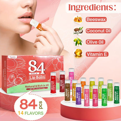 Bulk Lip Balm Set 84 Pcs 14 Assorted Flavors Moisturizing Mini Lipstick Natural Luster Finish – Party Favors for Wedding Bridesmaids
