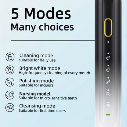 Sonic Electric Toothbrush IPX8 Waterproof USB Rechargeable with 5 Replacement Brush Heads, Smart Timer, Metal Shaft