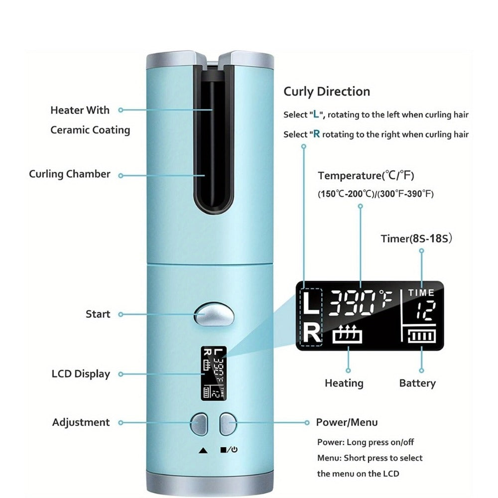 USB-Rechargeable Automatic Curling Chamber with Six Heat Settings, LCD Timer and Four Color Options