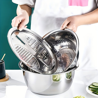 Stainless Steel Kitchen Tool Set 3pcs, Built-In Grinder, Colander Filter & Mixing Bowl for Washing
