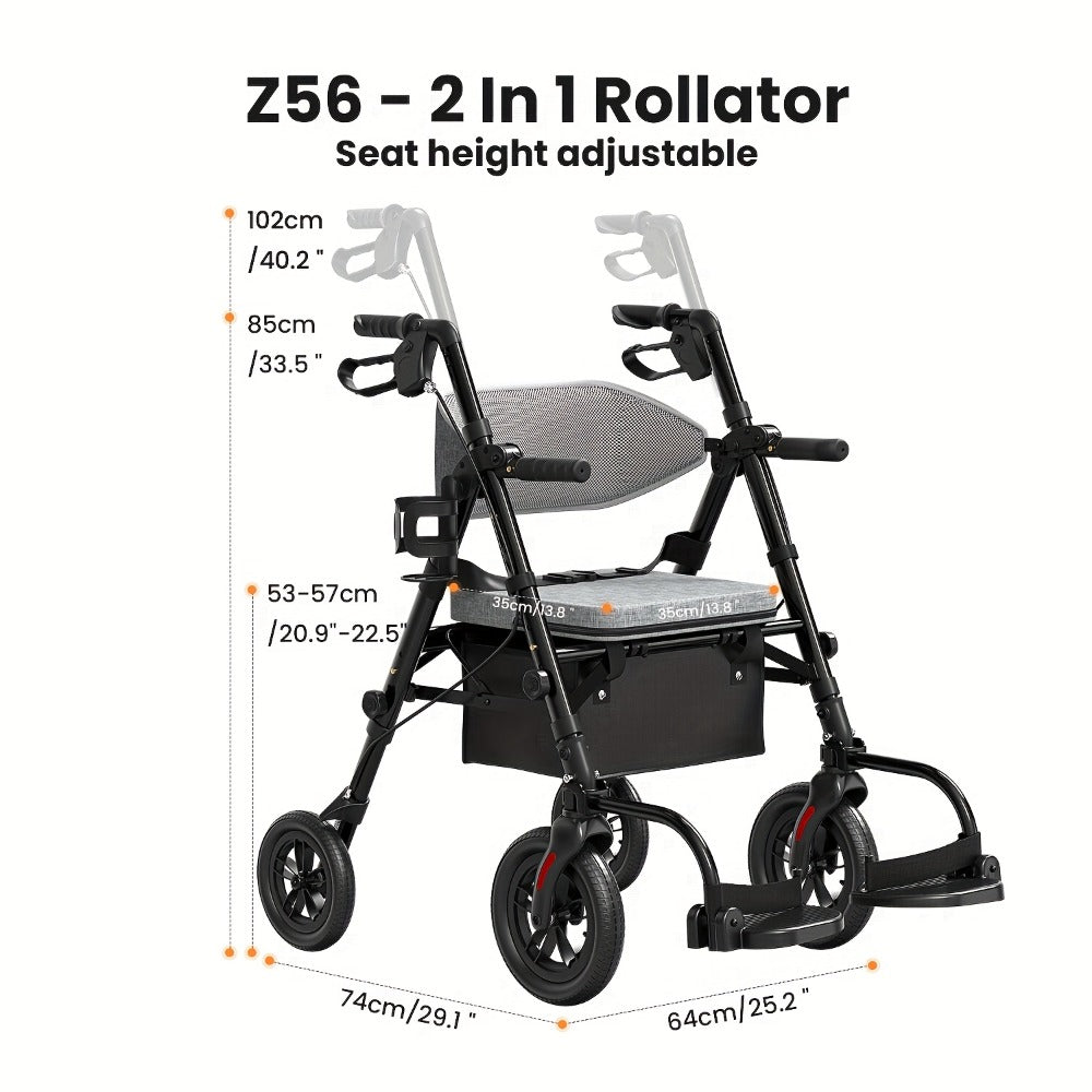 Rollator Walker for Seniors Foldable with 8-Inch Big Wheels, Durable Aluminum Rolling Walker with Backrest & Dual Adjustable Height