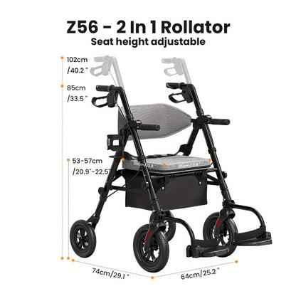 Rollator Walker for Seniors Foldable with 8-Inch Big Wheels, Durable Aluminum Rolling Walker with Backrest & Dual Adjustable Height