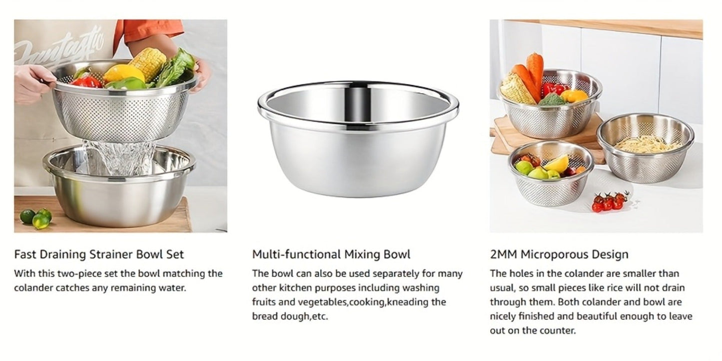 Stainless Steel Colander with Mixing Bowl Set 304 Food Grade Strainer Bowl for Washing for Home Cooking, Dining and Outdoor Meals
