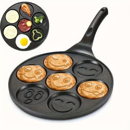 7-Hole Non-Stick Pancake Pan Smiley Face, Aluminum Alloy Breakfast Maker with Detachable Handle for Gas Stove