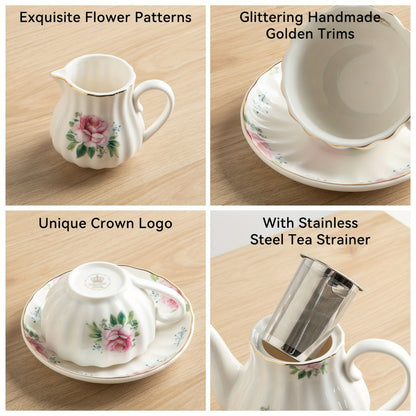 Porcelain Tea Set Service for 6 British Royal Floral Design with Teapot Sugar Bowl Cream Pitcher Teaspoons Tea Strainer 8oz Cups Saucers