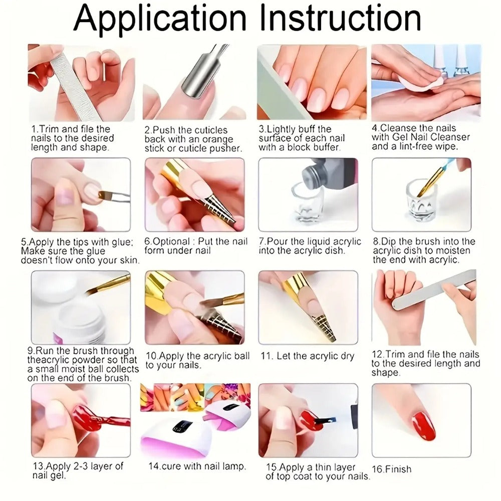 Acrylic Nail Kit 23-in-1 Complete Set with 12 Glitter Colors White & Pink Powder – DIY Nail Extension System No Glue No Liquid Needed