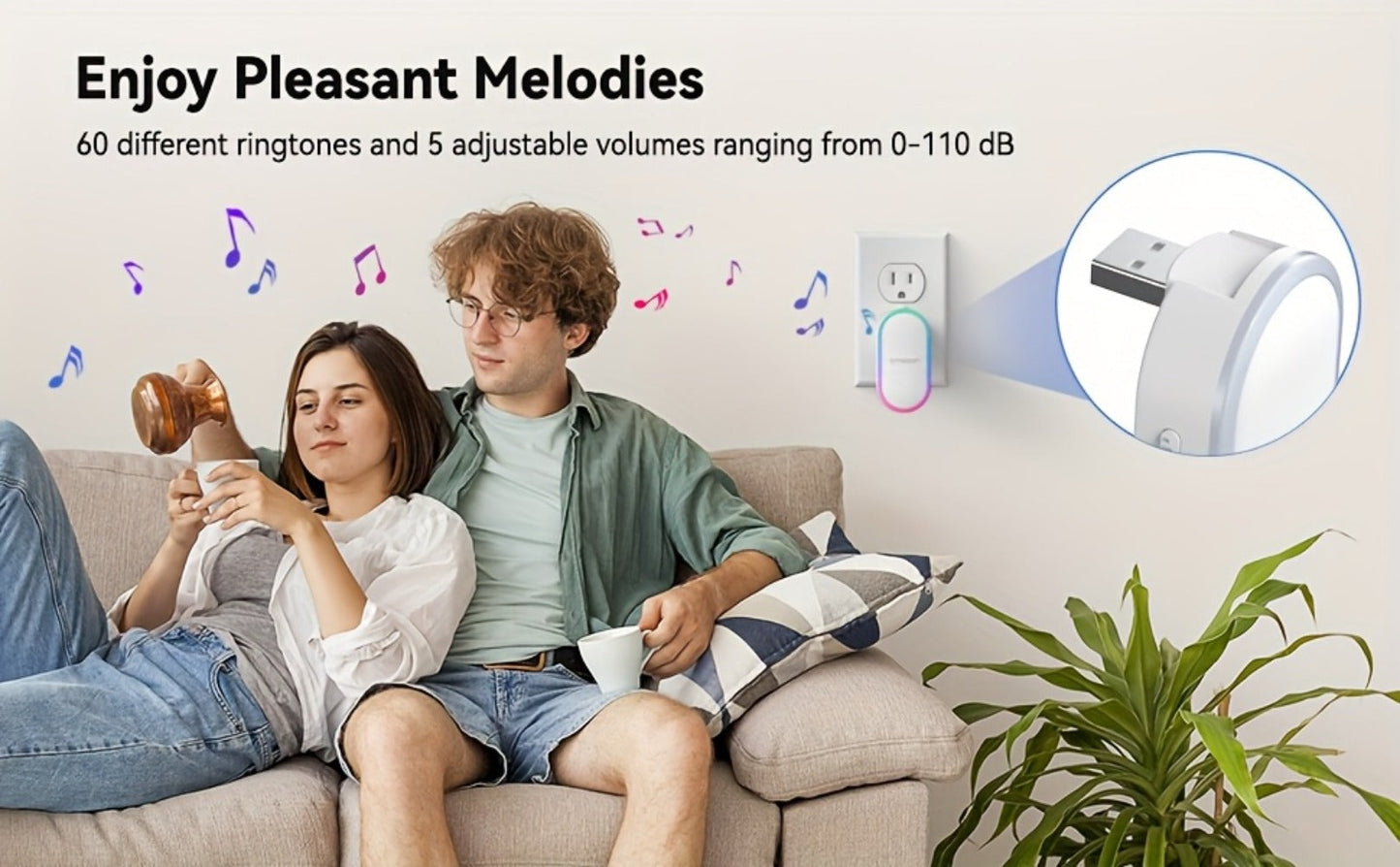 USB Plugin Wireless Doorbell Kit with 60 Melodies, 5 Volume Levels & Colorful LED Indicator, 1000ft Range