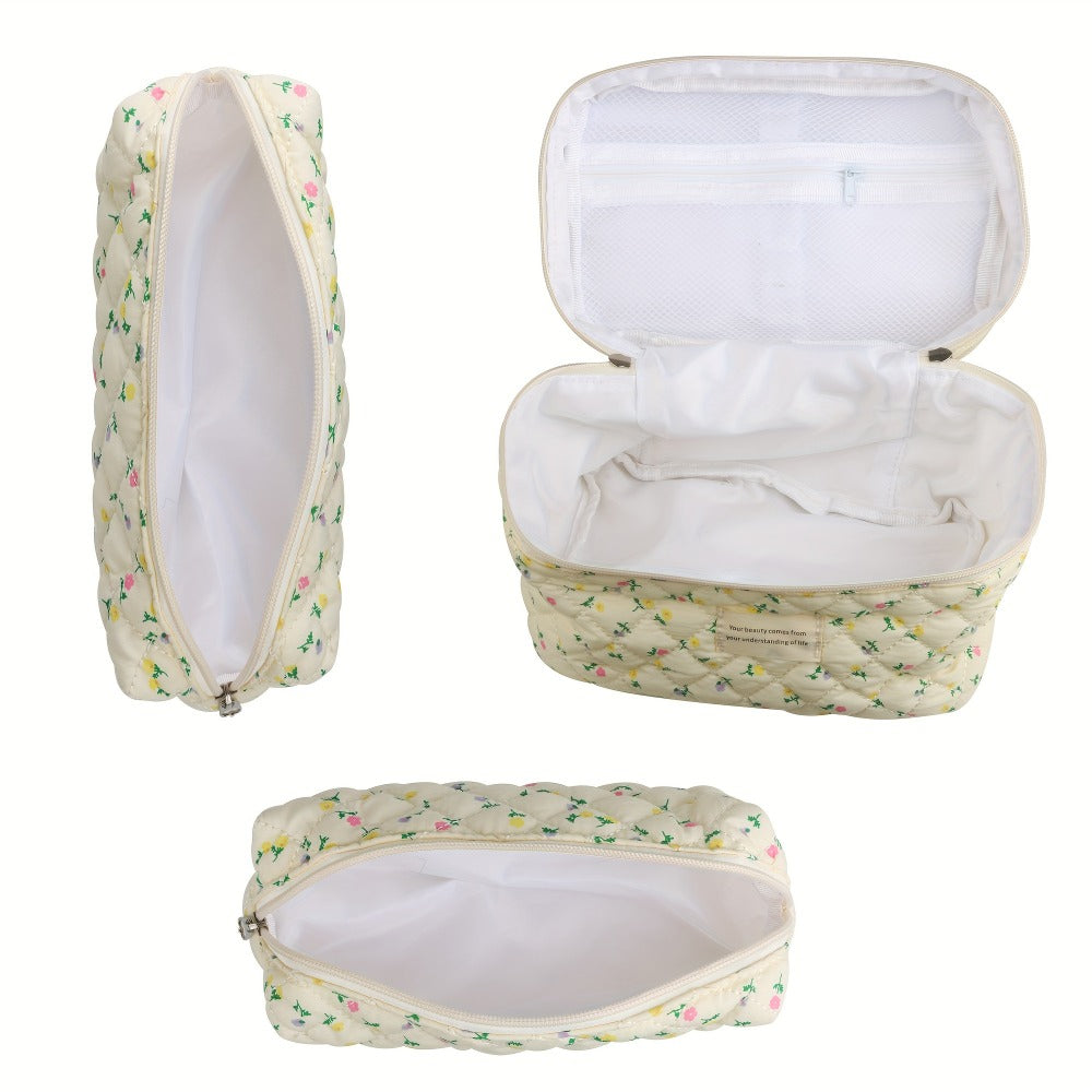 Makeup Bag Three-Piece Quilted Cotton Dual-Layer Floral Pouch Set for Travel, Vanity and Everyday Beauty Storage