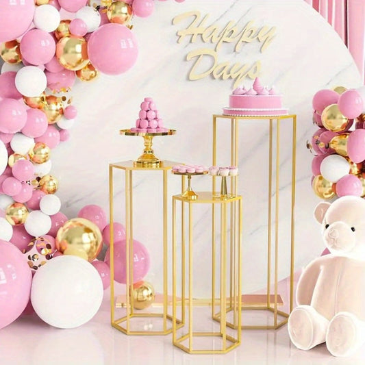 Golden Metal Dessert Display Stands with Three-Piece Square Pedestal Set or Double-Layer Hexagon Stand