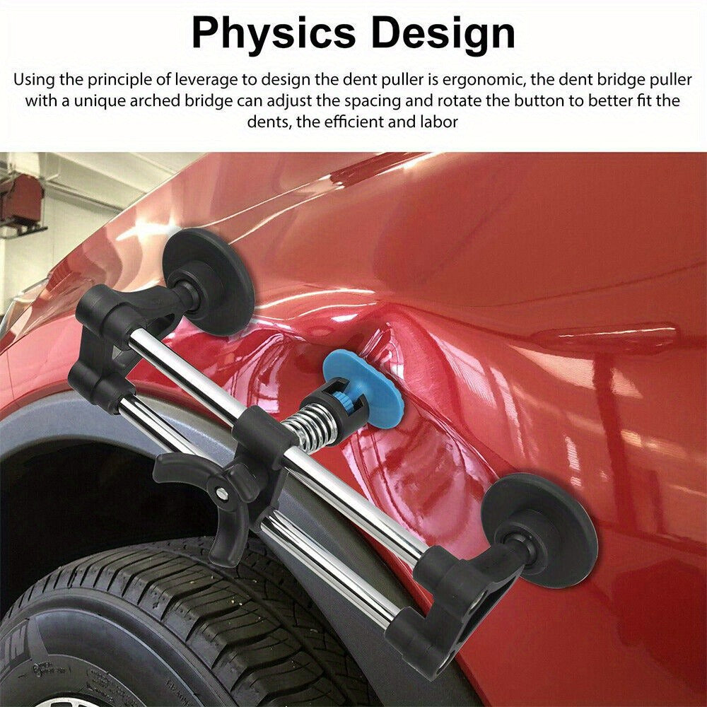 Thirteen-Piece Bridge-Style Dent Puller Set with Suction Feet, Puller Tabs and Two Scraper Tools