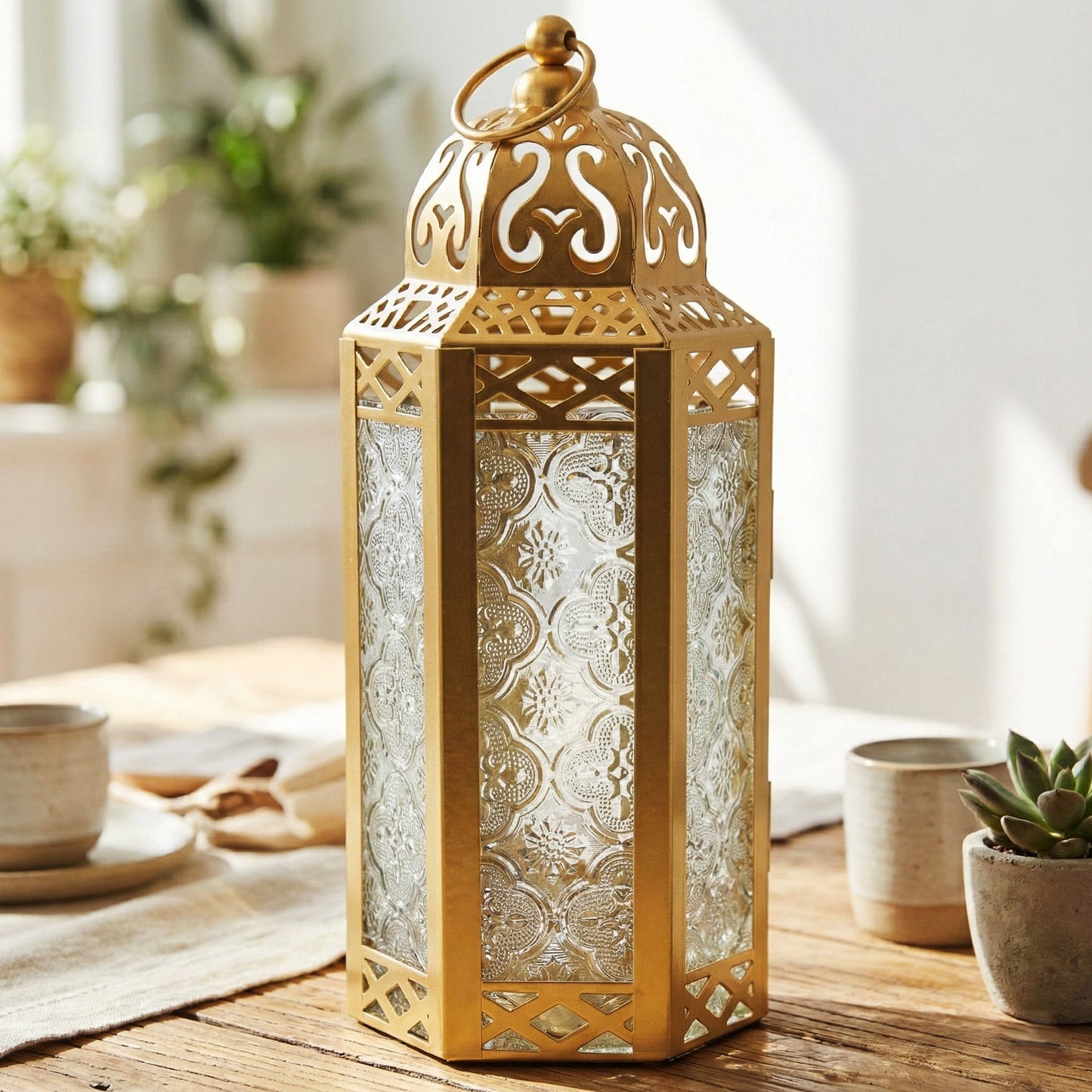 Moroccan Candle Lantern Holder - Decorative Metal & Glass Lantern with Embossed Floral Design for Indoor Home Decor