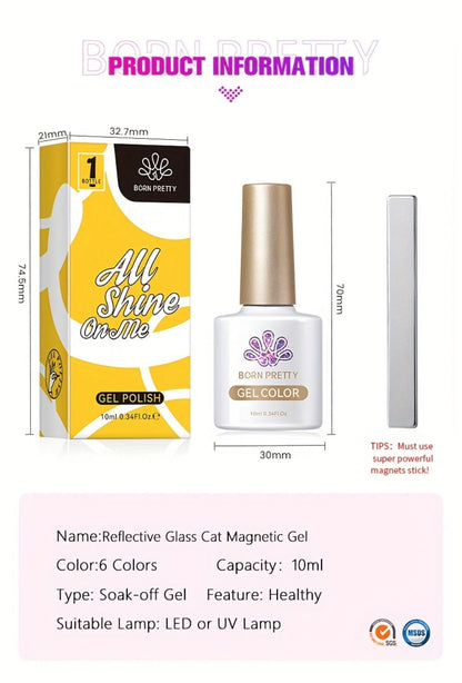 Gel Nail Polish BORN PRETTY 6-Piece 10ml Magnetic Cat-Eye Set with Double-Light Reflection