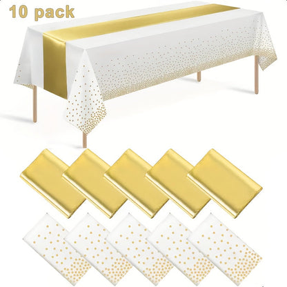 Disposable Tablecloth & Table Runner Set 10 Pack White Gold – Plastic Party Table Covers for Wedding Birthday Graduation Anniversary Baby