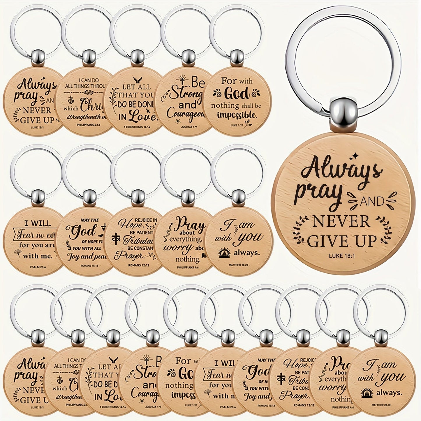 Keychain Set 100-Piece Engraved Wood Bible Verse Discs with Stainless Steel Split Rings and Ten Message Designs