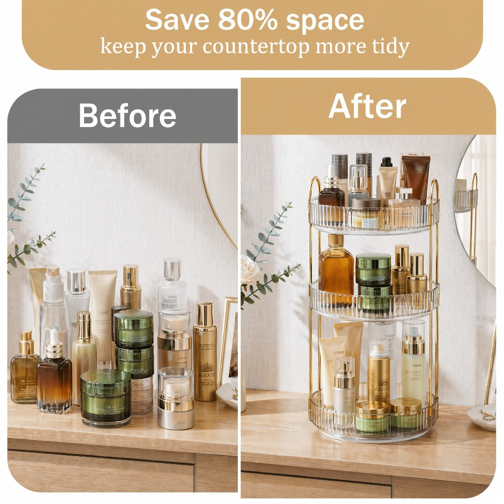 Three-Tier Rotating Makeup Organizer with 360-Degree Base in Green, Amber or Transparent Finish