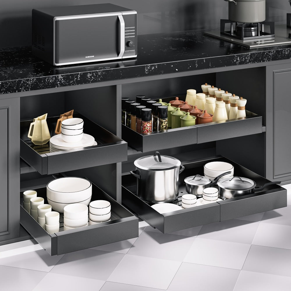 Expandable Pull-Out Cabinet Organizer with 12.6-20.5 Inch Width, Three-Track Slides and 2- or 4-Drawer Options