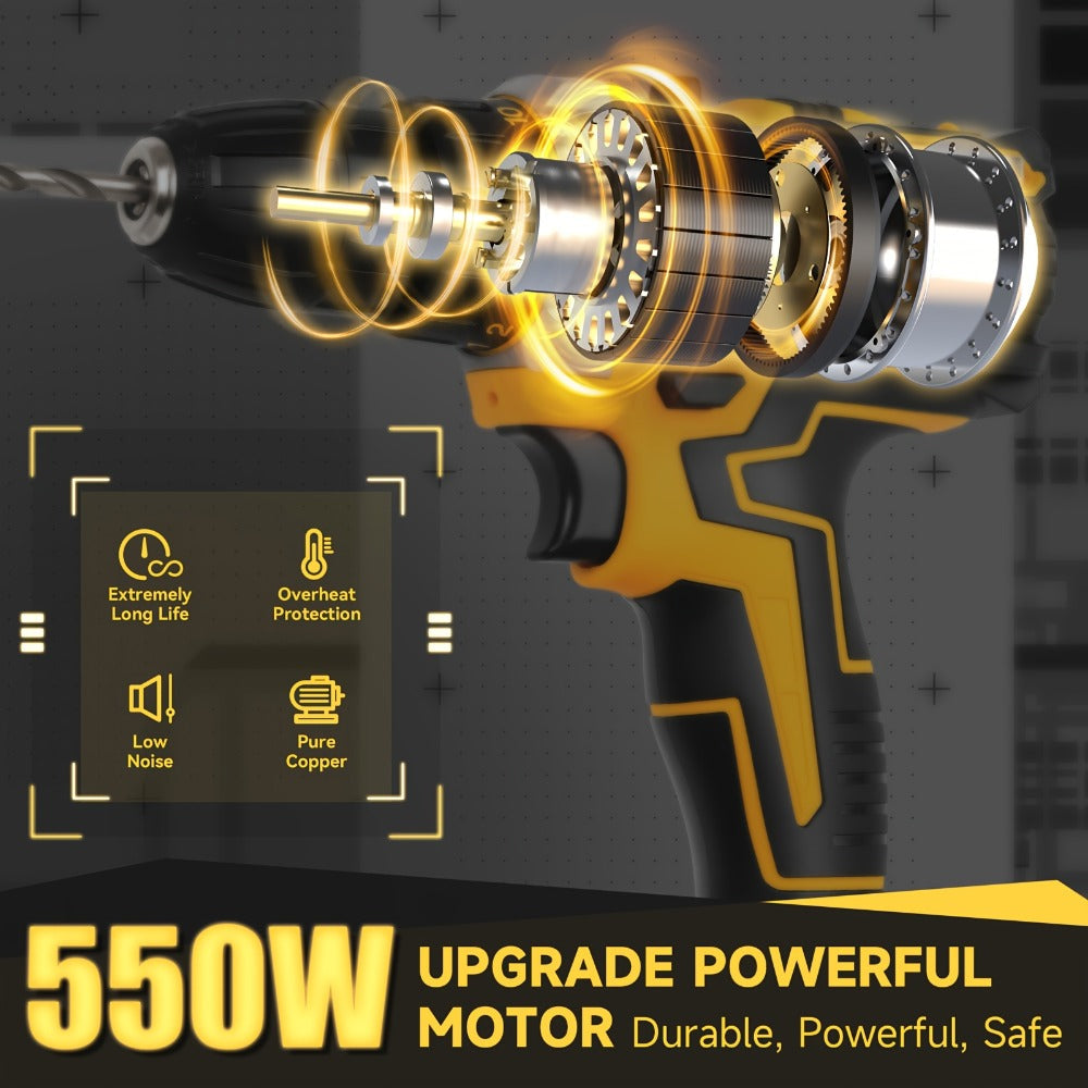 Cordless Impact Drill Set 12V / 21V Electric Drill Kit, 45Nm Torque, 2-Speed, Keyless Chuck, LED Light