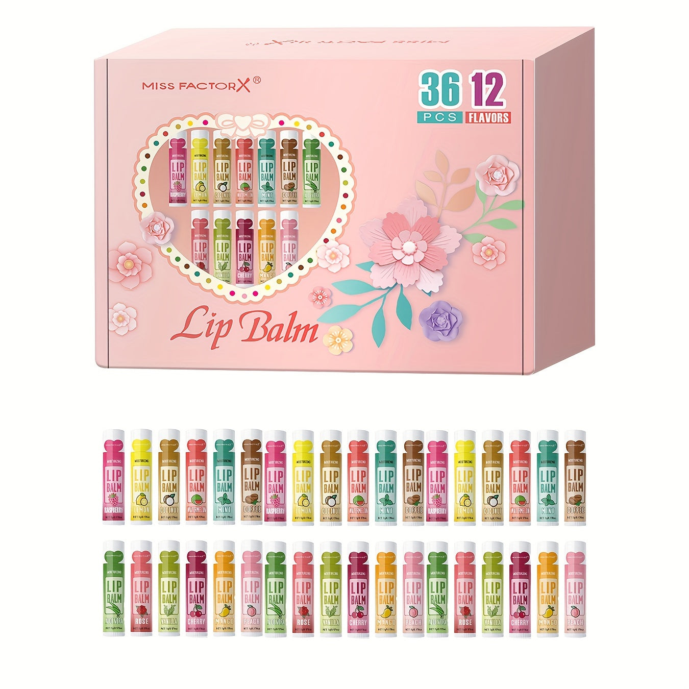 Lip Balm 36-Piece Tinted Gift Set with 12 Flavors, Glossy Finish and Colorful Tube Packaging