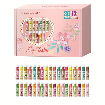 Lip Balm 36-Piece Tinted Gift Set with 12 Flavors, Glossy Finish and Colorful Tube Packaging