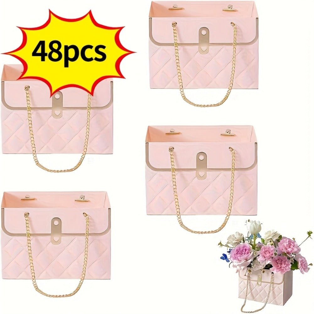 Paper Flower Bouquet Gift Bags with Metal Chain Handle Bulk – 12/24/36/48 Pcs Tote Bags for Wedding Party Birthday Florist Graduation