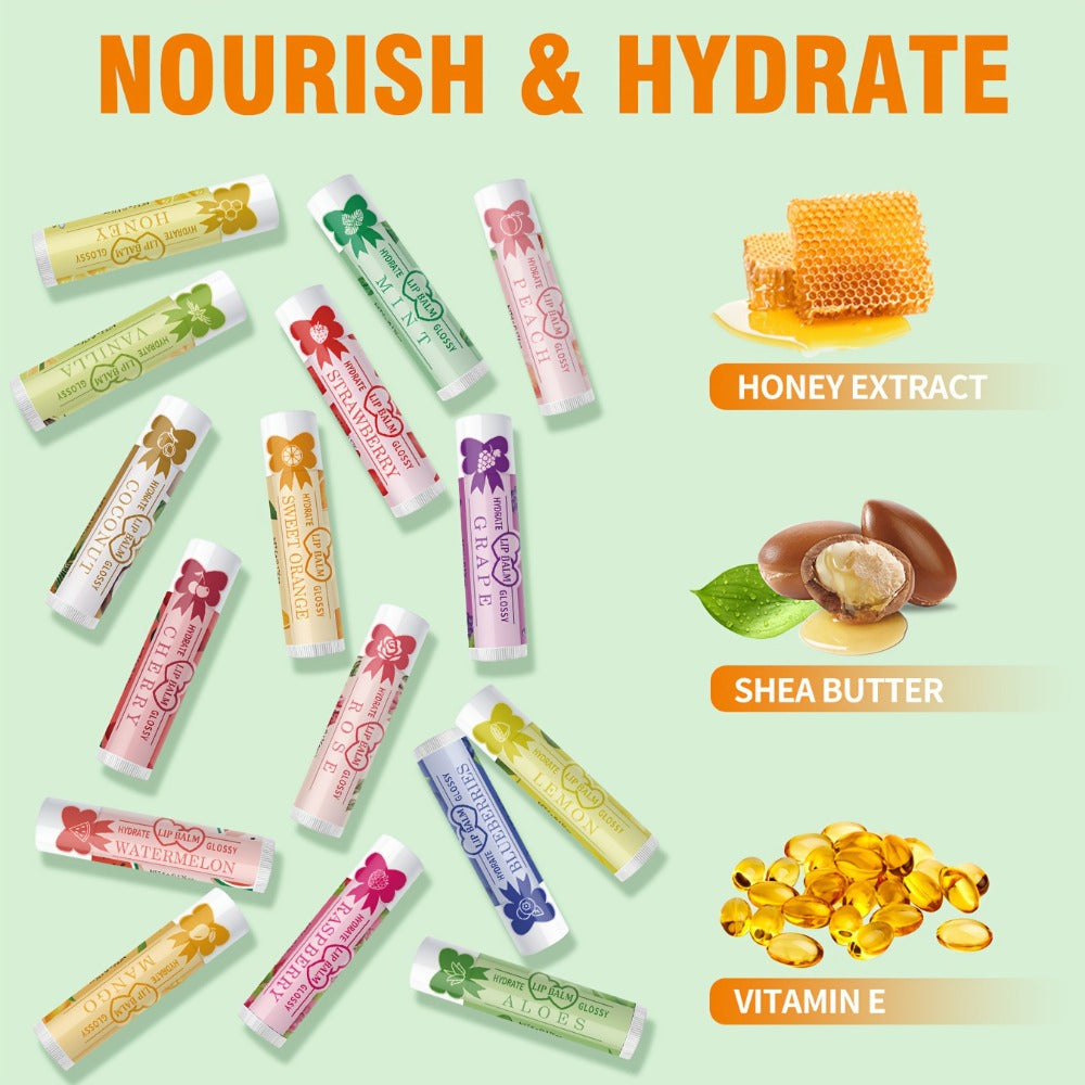 Lip Balm 16-Piece Assorted Flavor Set with Glossy Twist-Up Tubes and Orange Display Box Packaging