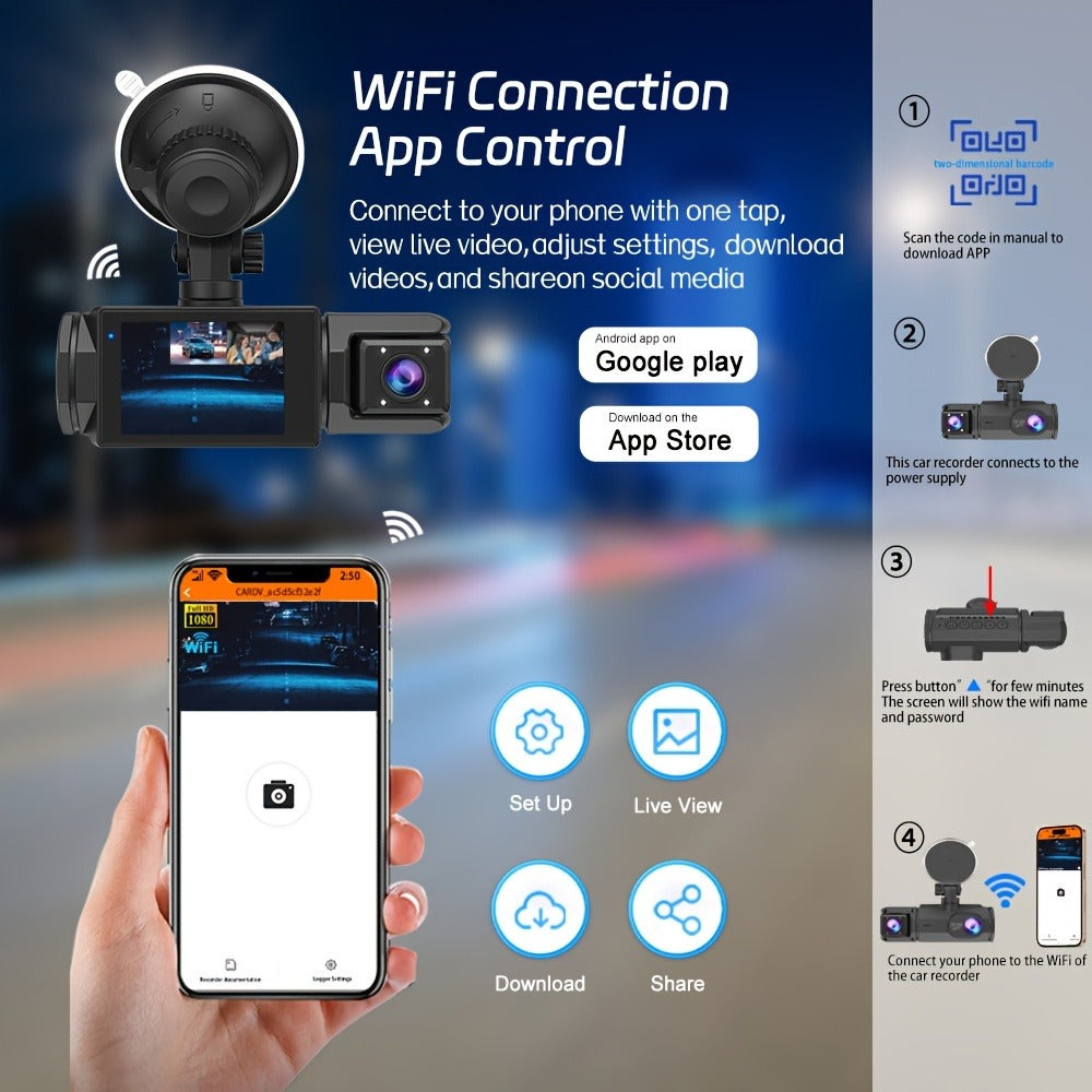 1080P-Labeled Dash Camera with Two- or Three-Lens Options, Screen and Optional WiFi or 32GB Card